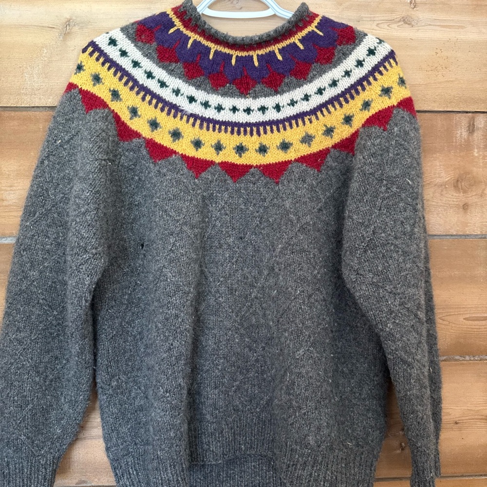 Talbots Gray Crewneck Fair Isle Sweater with Vibrant Pattern